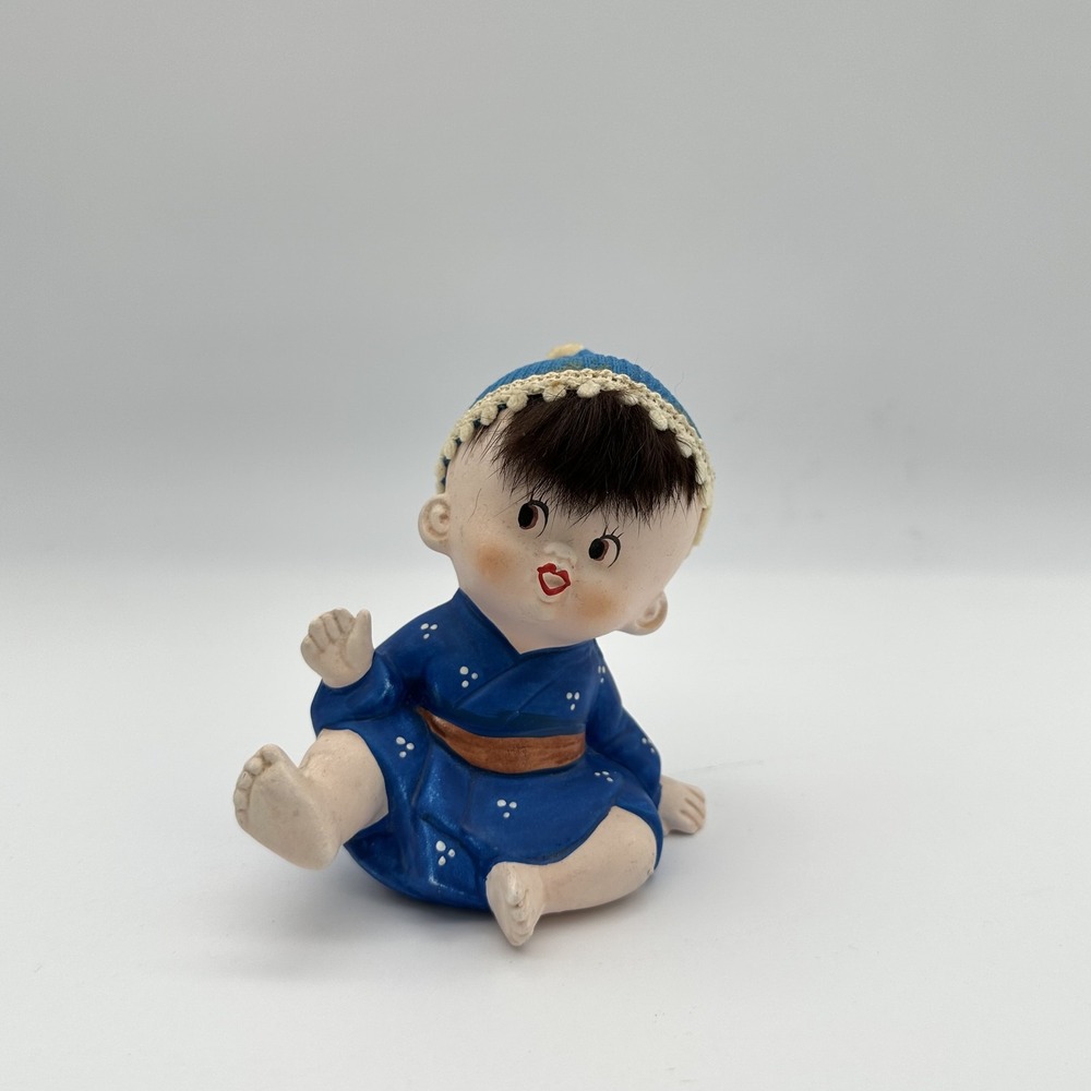 Vintage Japan Ceramic Baby Figurine Blue‎ Kimono Cap Porcelain Doll Decor Toy
